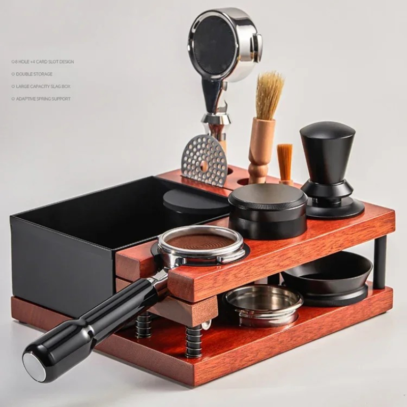 Coffee Knock Box - ที่วางงัดแงะกาแฟสปริงพร้อมกล่องเคาะผู้จัดจําหน่ายไม้เนื้อแข็งสองชั้น Universal Portafilter & Puck Screen